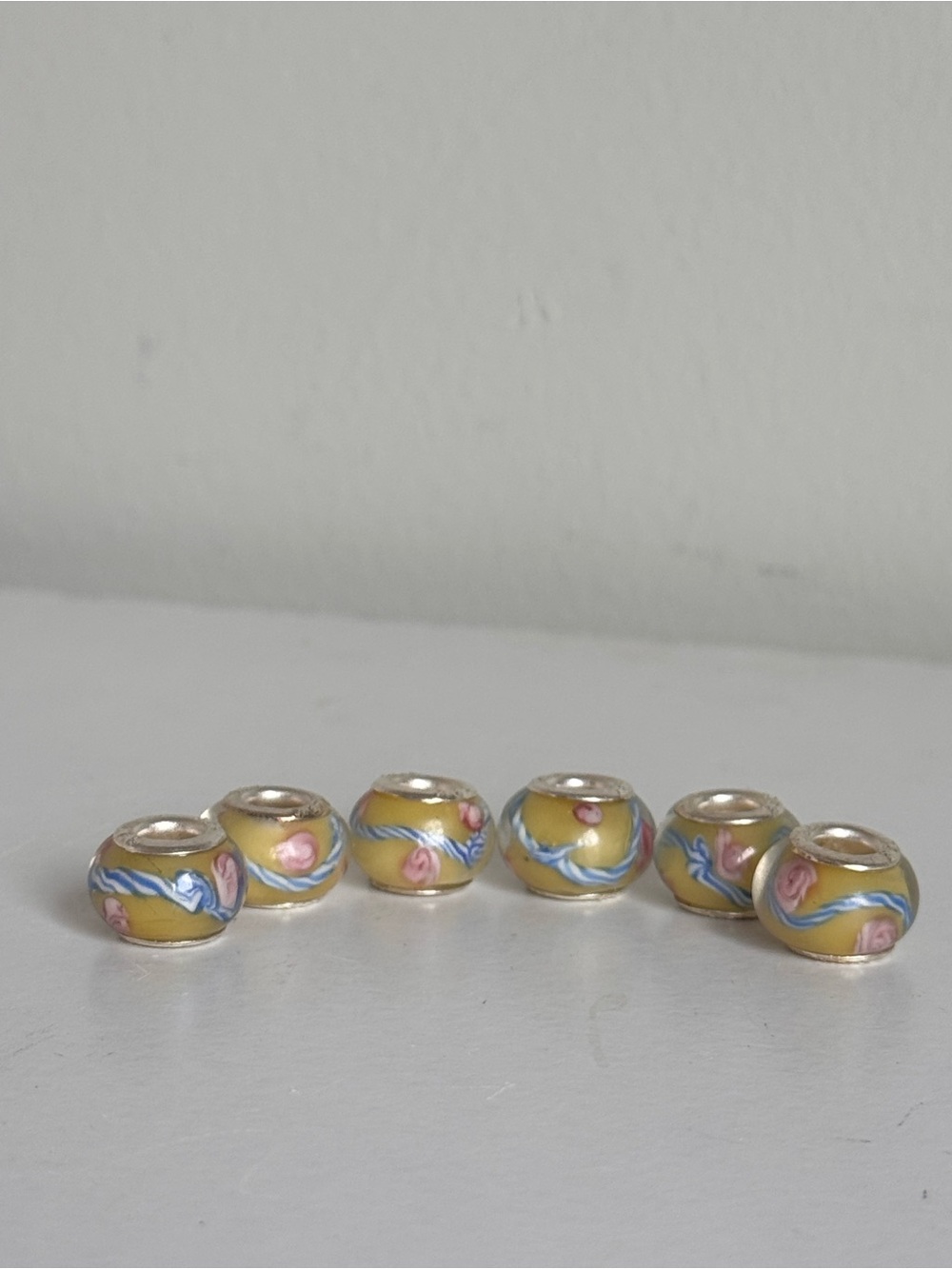 Lot 6 Murano floral art glass 925 sterling silver core bracelet charms beads